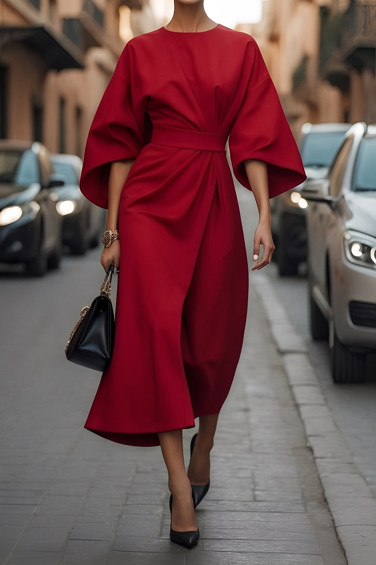 Nicole - Robe Midi Élégante avec Manches en Lanterne pour Femmes