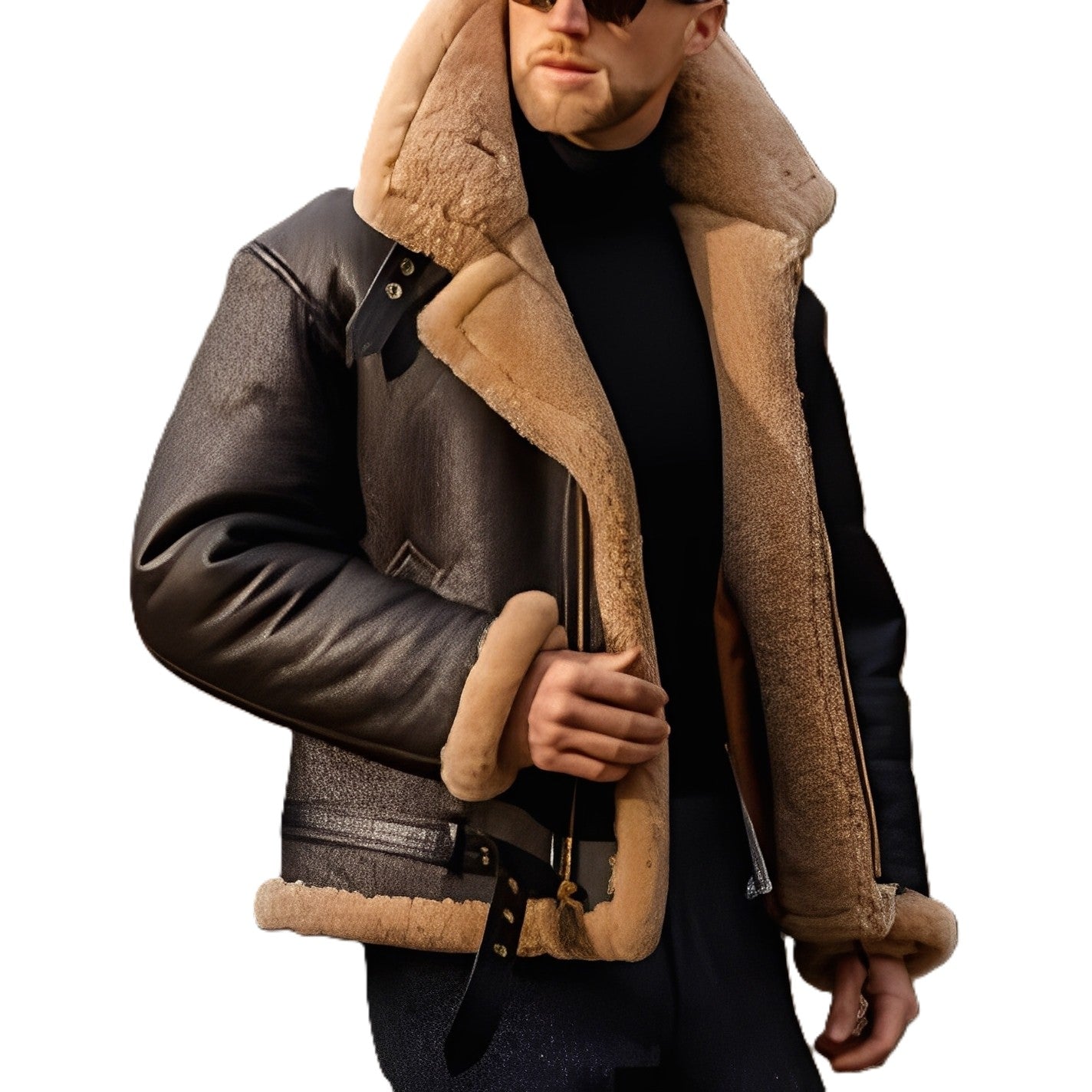Jeffrey - Veste moderne en cuir avec doublure chaude en sherpa pour hommes