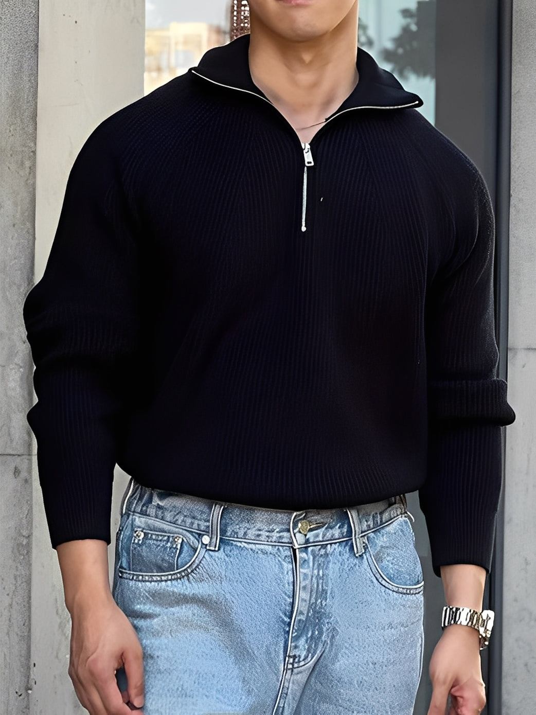 Lucas - Stylish knitted sweater with mid-length zipper for men