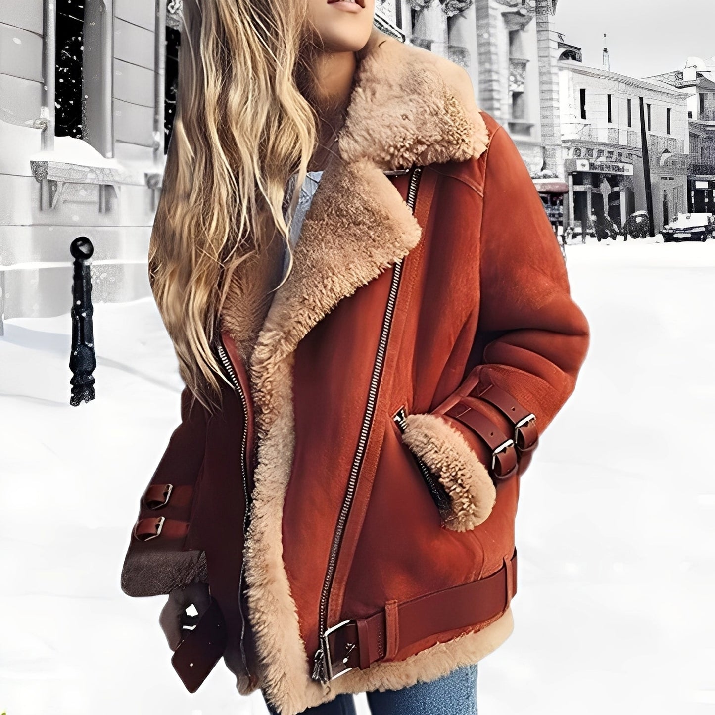 Cassandra - Veste Épaisse en Laine et Cuir Suédé pour Femmes