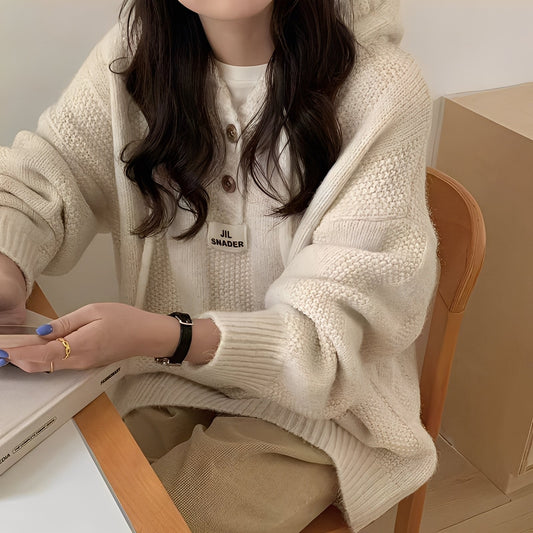 Haylee - Sweat décontracté en tricot avec capuche et boutons pour femmes