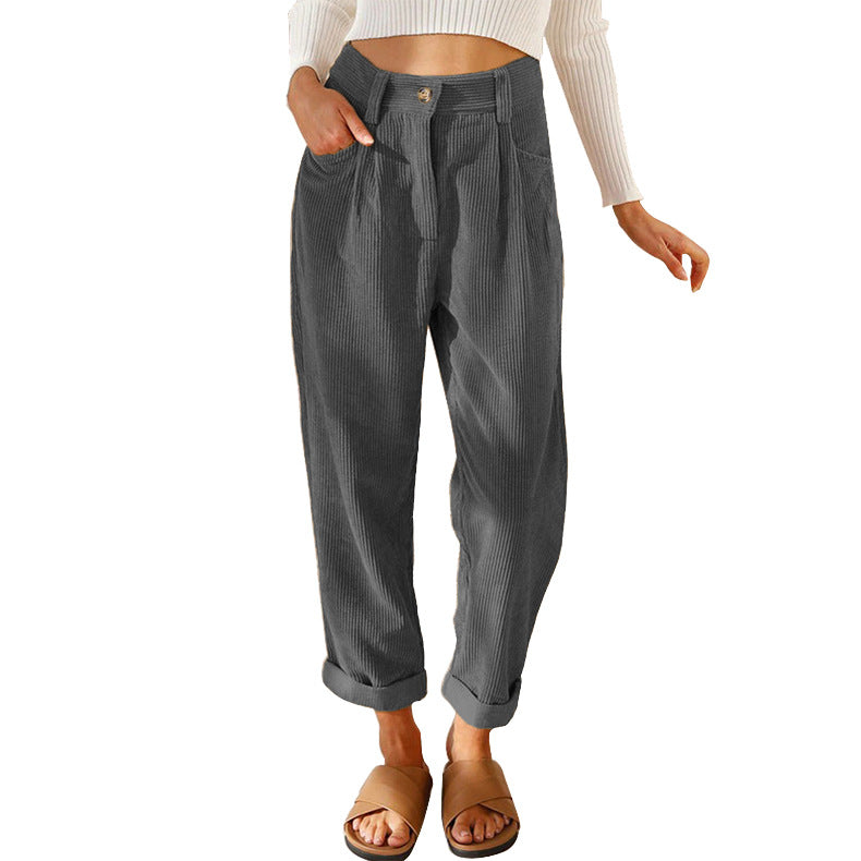 Chelsie - Pantalon large côtelé taille haute pour femmes