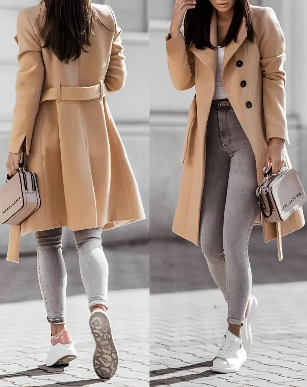 Idony - Long manteau en laine avec laçage et ceinture à nouer