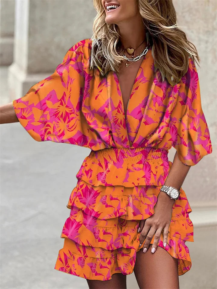 Liora – Robe à Fleurs avec Encolure en V et Volants