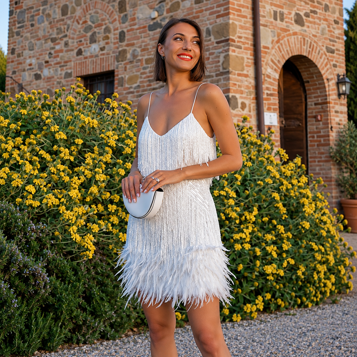 Mary - Élégante Robe de Fête Courte avec Plumes