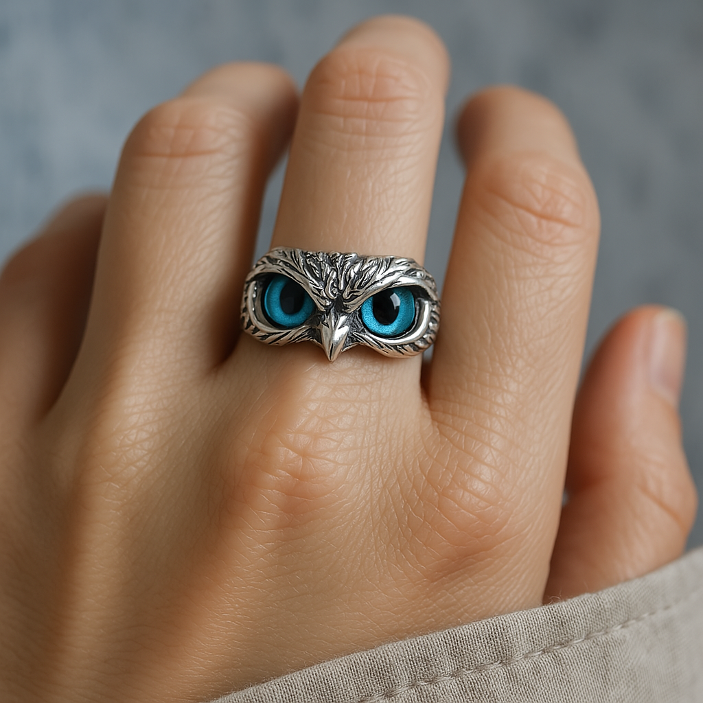 Brianna – Bague ajustable porte-bonheur avec hibou en argent et opale