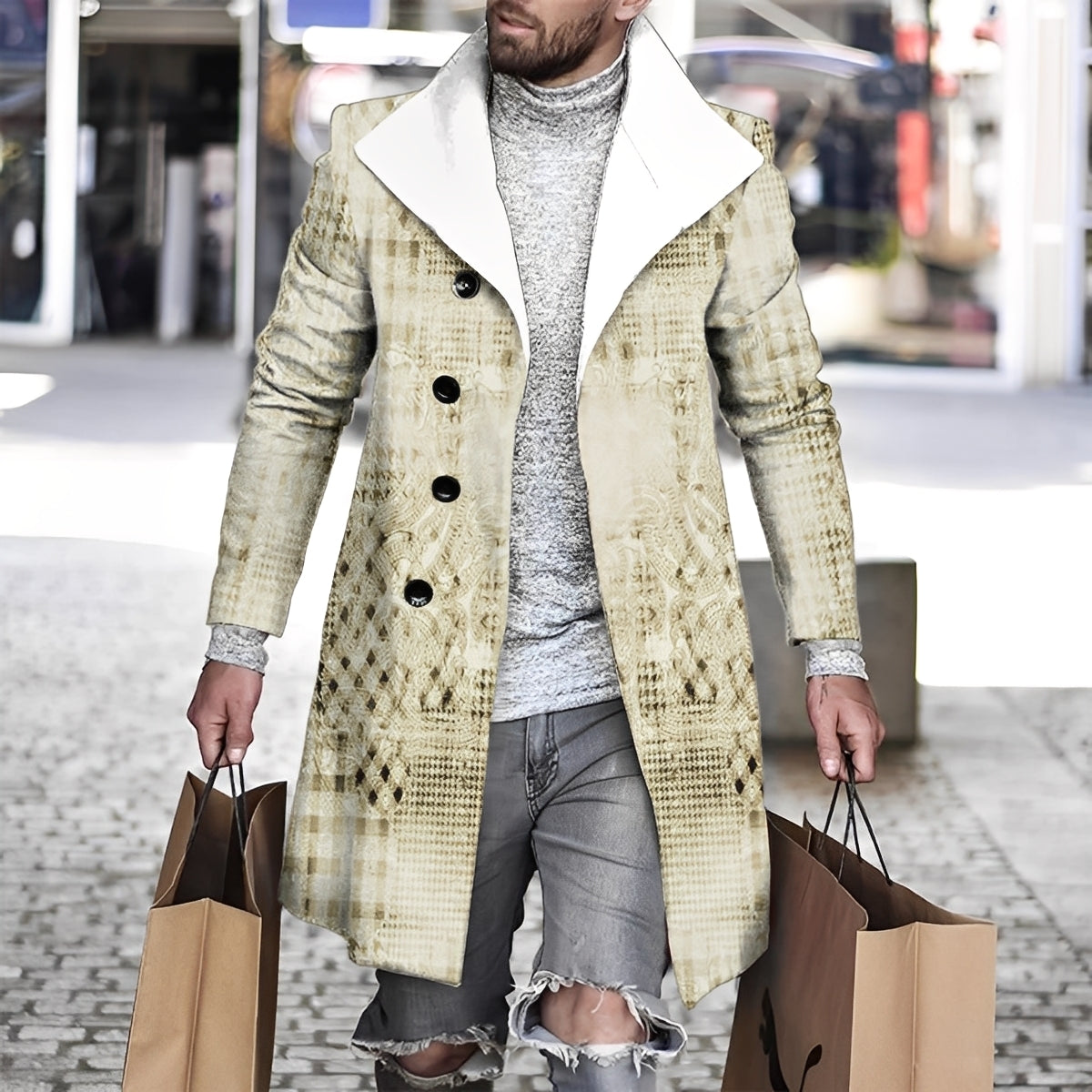 Terry - Elegant wool coat with checkered pattern for men