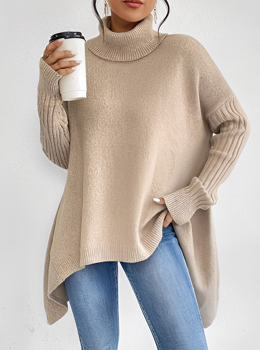 Wendy - Pull long chic à col montant pour femmes