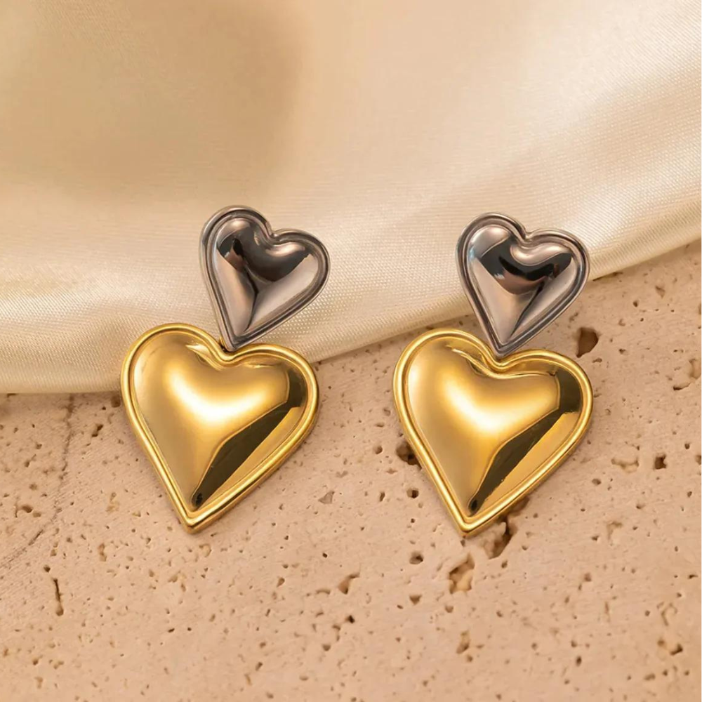 Boucles d'oreilles Double Cœur - Boucle d'oreille de déclaration avec deux cœurs