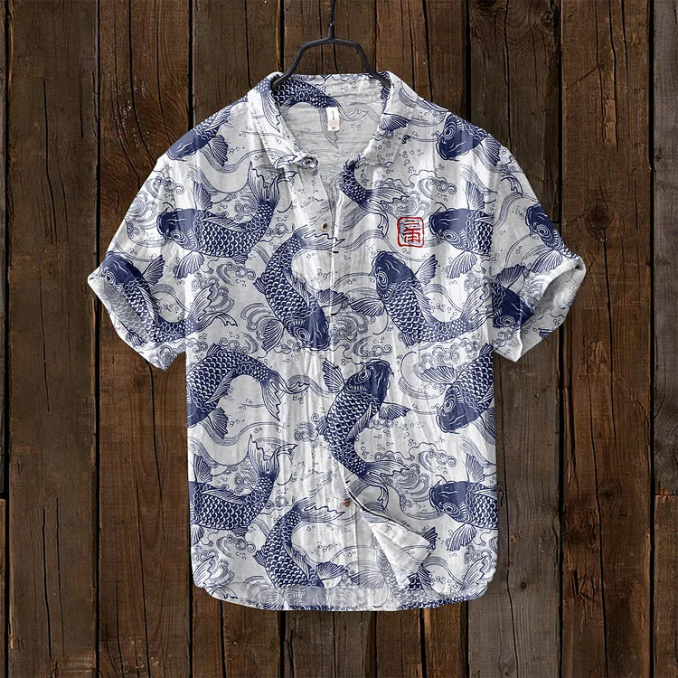 Ogie - Chemise en Lin avec Design Artistique Inspiré par les Poissons Vintage