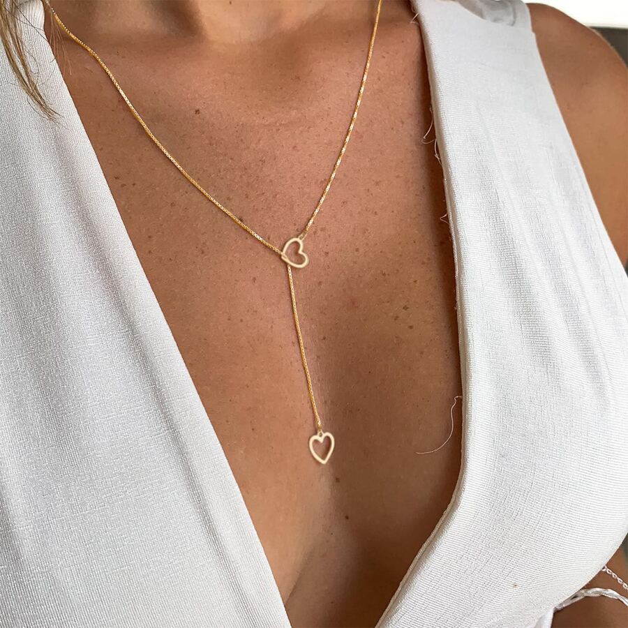 Collier de gouttes en cœur - Collier de gouttes dorées avec 2 cœurs