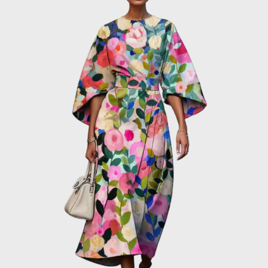 Reina - Robe Midi Fleurie à Taille Marquée