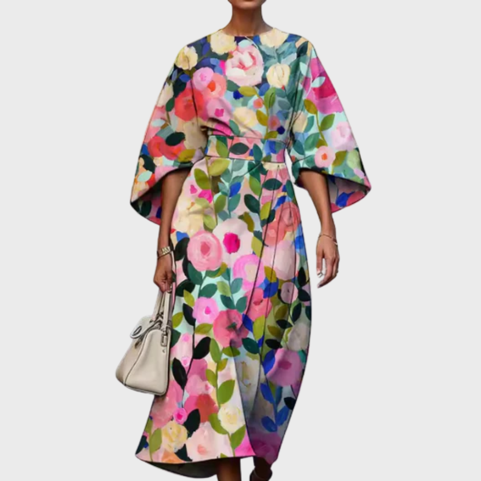 Reina - Robe Midi Fleurie à Taille Marquée – Monaco-mode.fr