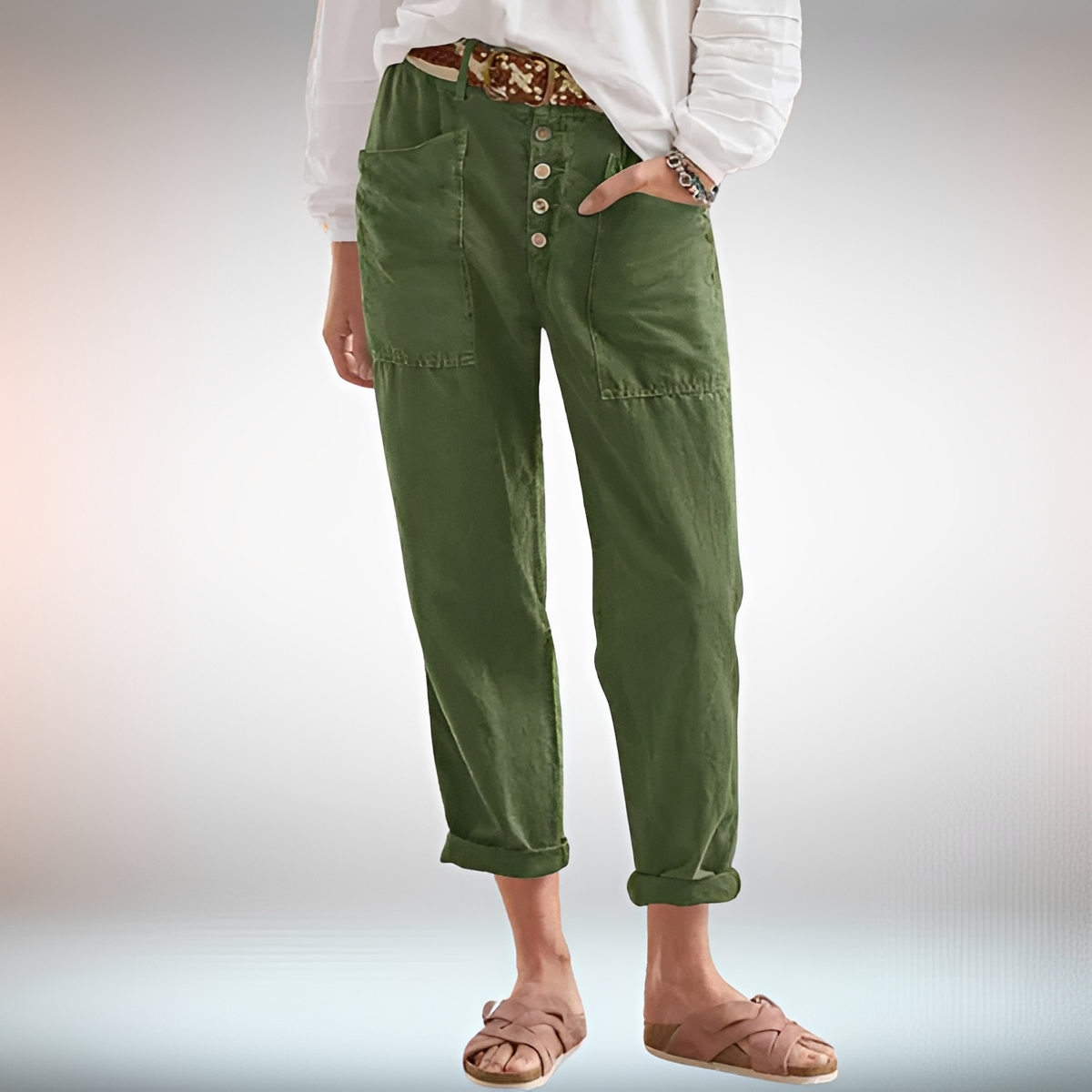 Rhonwen - Pantalon Stylé à Boutons et Coupe Ample