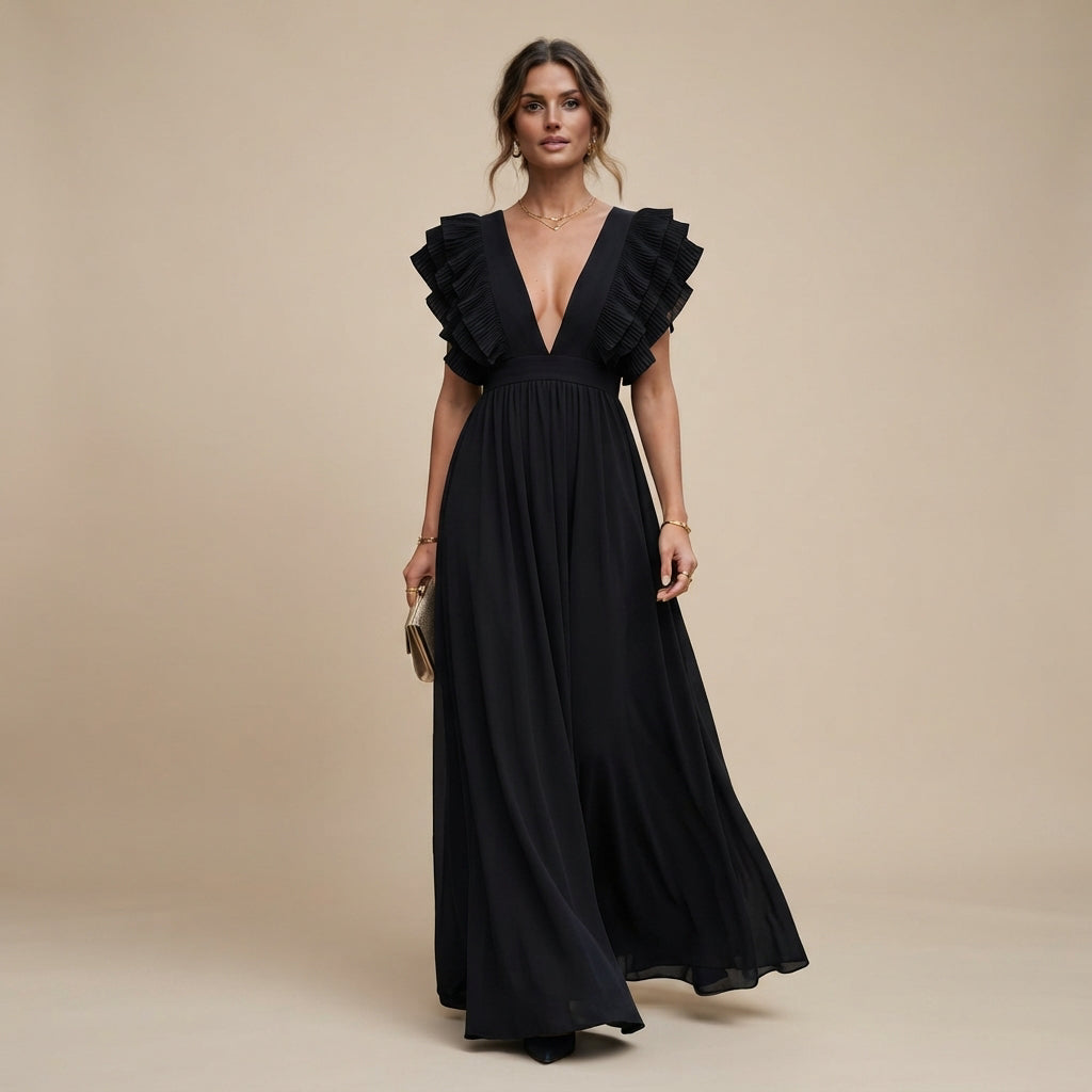Zhallie - Robe Maxi Élégante à Manches Volantées