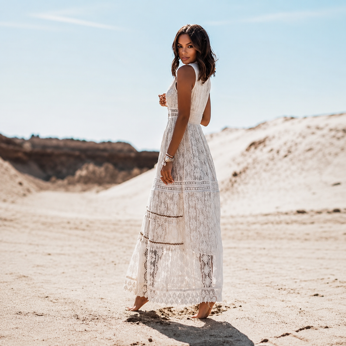 Flossie - Robe Maxi Élégante à Col V et Taille Haute