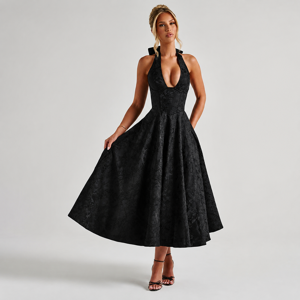Dahlia - Robe Élégante à Col V et Dos Nu Sans Manches