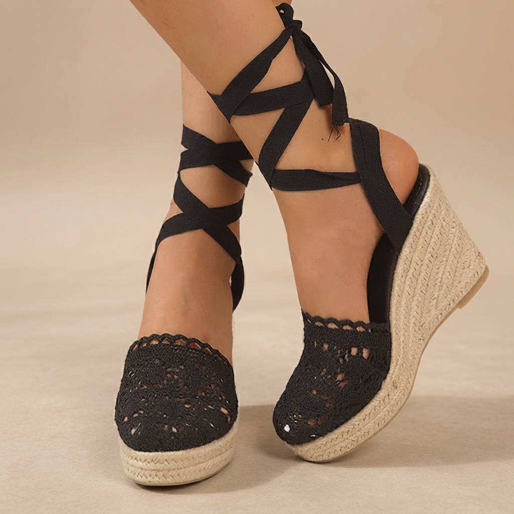 Jeanede - Sandales à Talons Compensés Élégantes à Lacets
