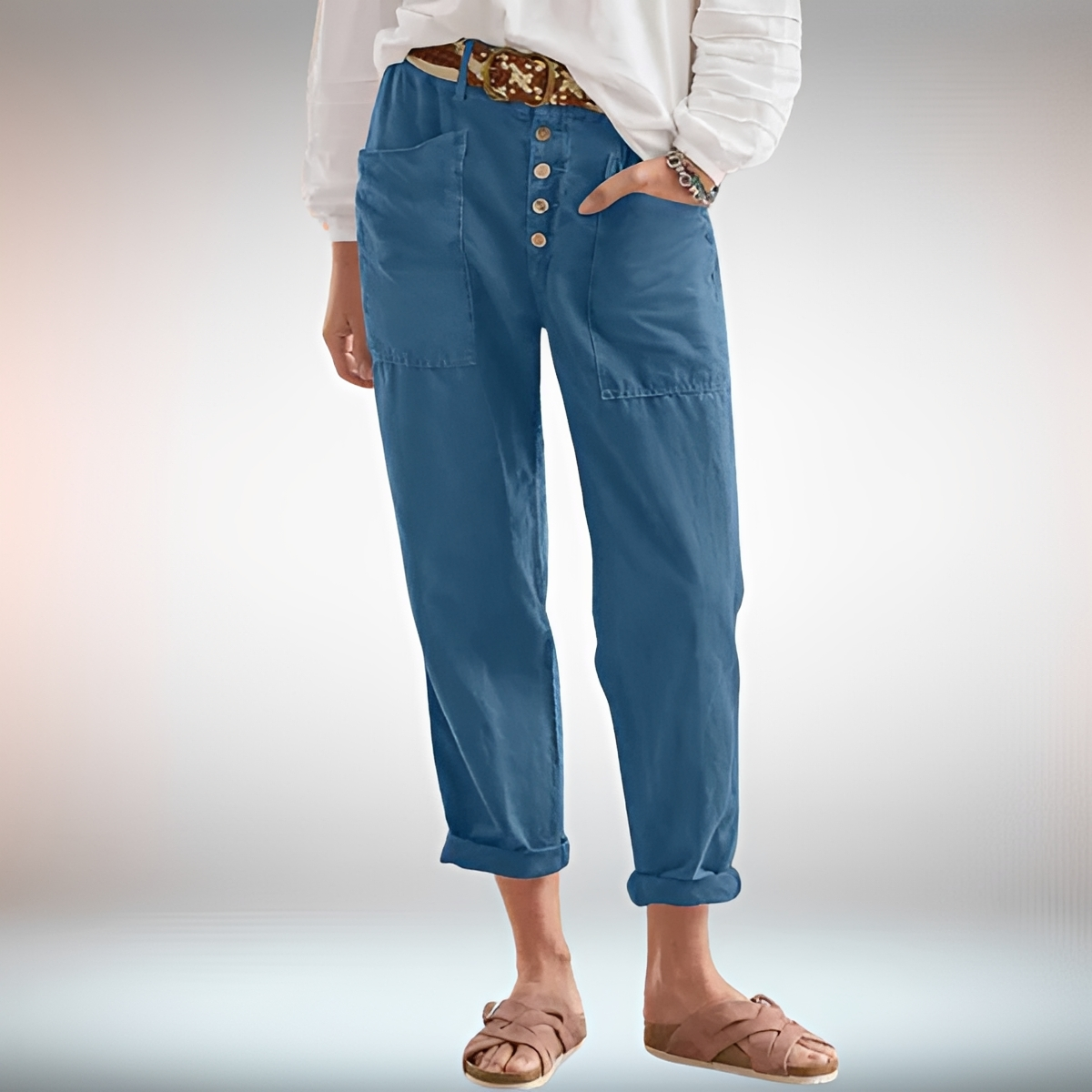 Rhonwen - Pantalon Stylé à Boutons et Coupe Ample