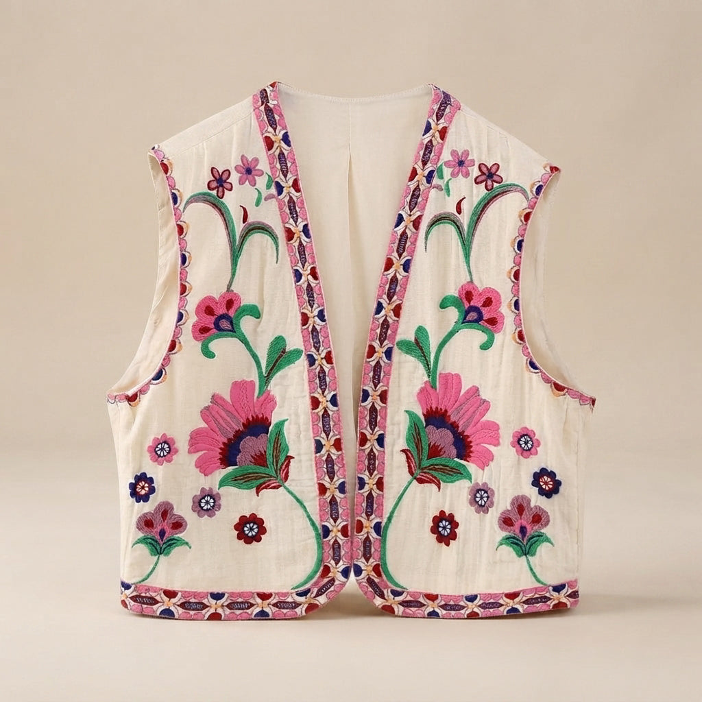Mahya - Gilet Vintage Brodé à Fleurs