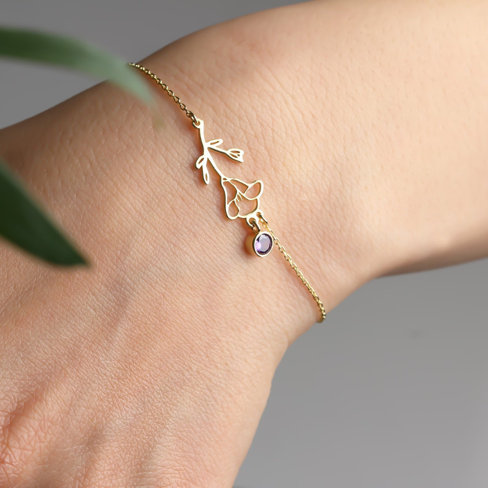Bracelet de Fête d'Anniversaire - Bracelet avec Pierre de Naissance et Fleur