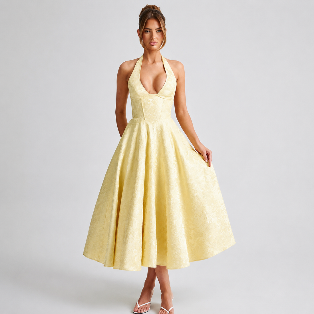 Dahlia - Robe Élégante à Col V et Dos Nu Sans Manches