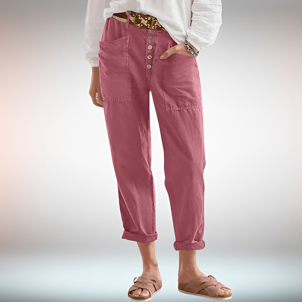 Rhonwen - Pantalon Stylé à Boutons et Coupe Ample