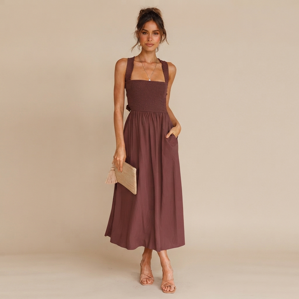 Lena - Robe Midi Élégante à Encolure Carrée