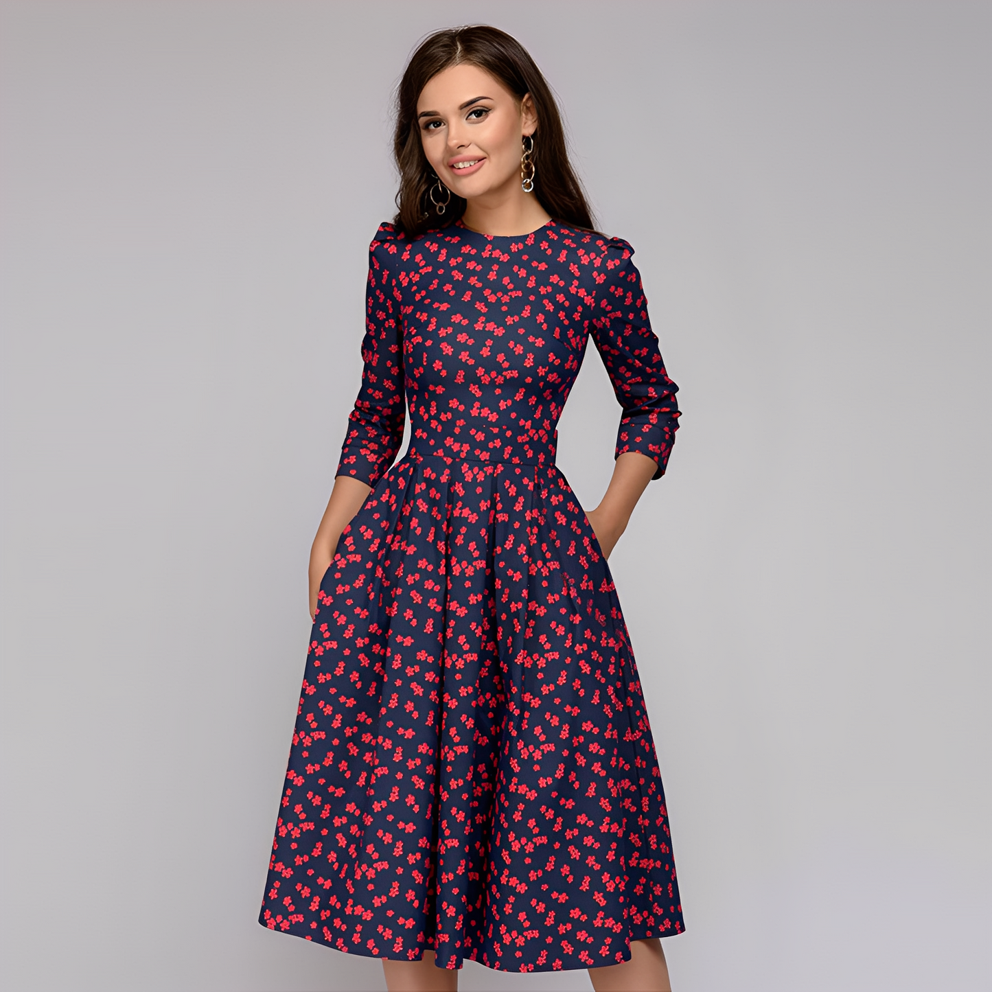 Elisabeth - Robe chic à longues manches avec motif floral pour femmes