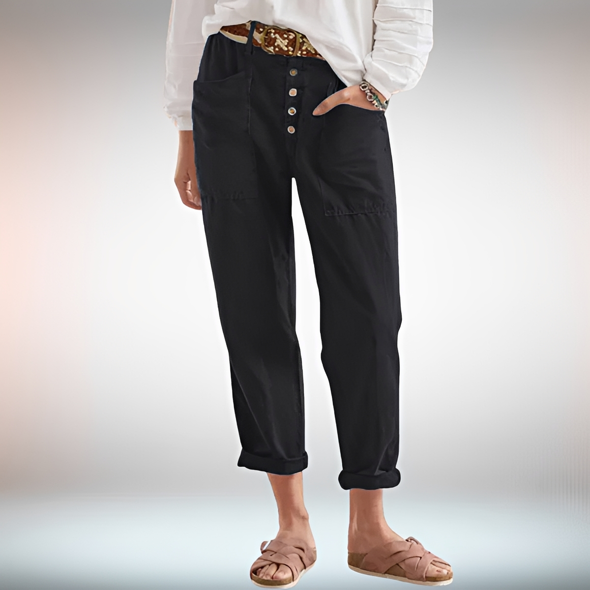 Rhonwen - Pantalon Stylé à Boutons et Coupe Ample