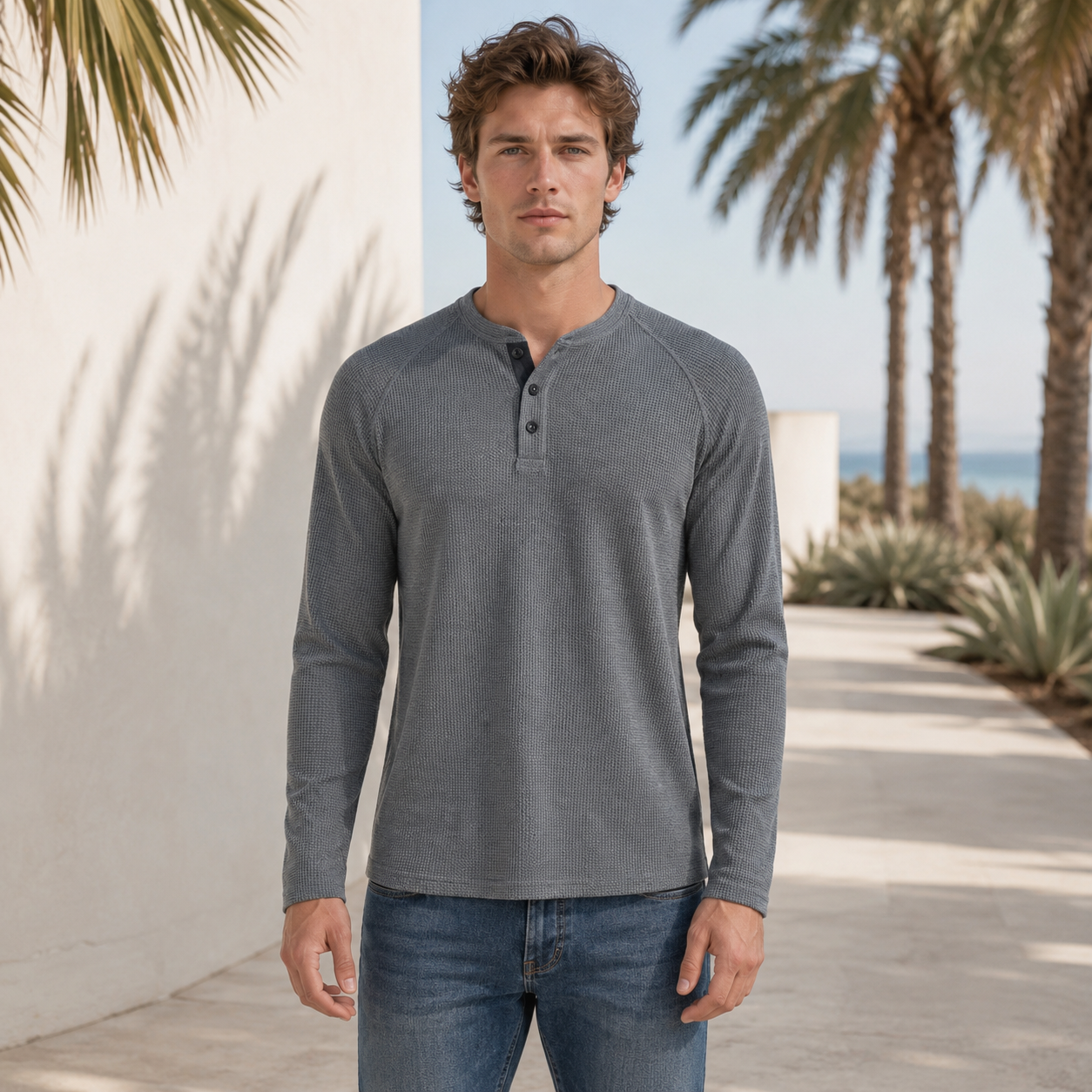 Teifion - Chemise Henley Classique en Nid d'Abeille