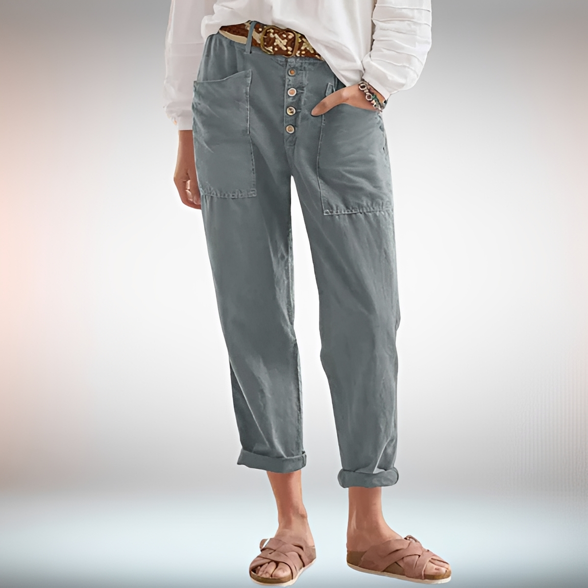 Rhonwen - Pantalon Stylé à Boutons et Coupe Ample