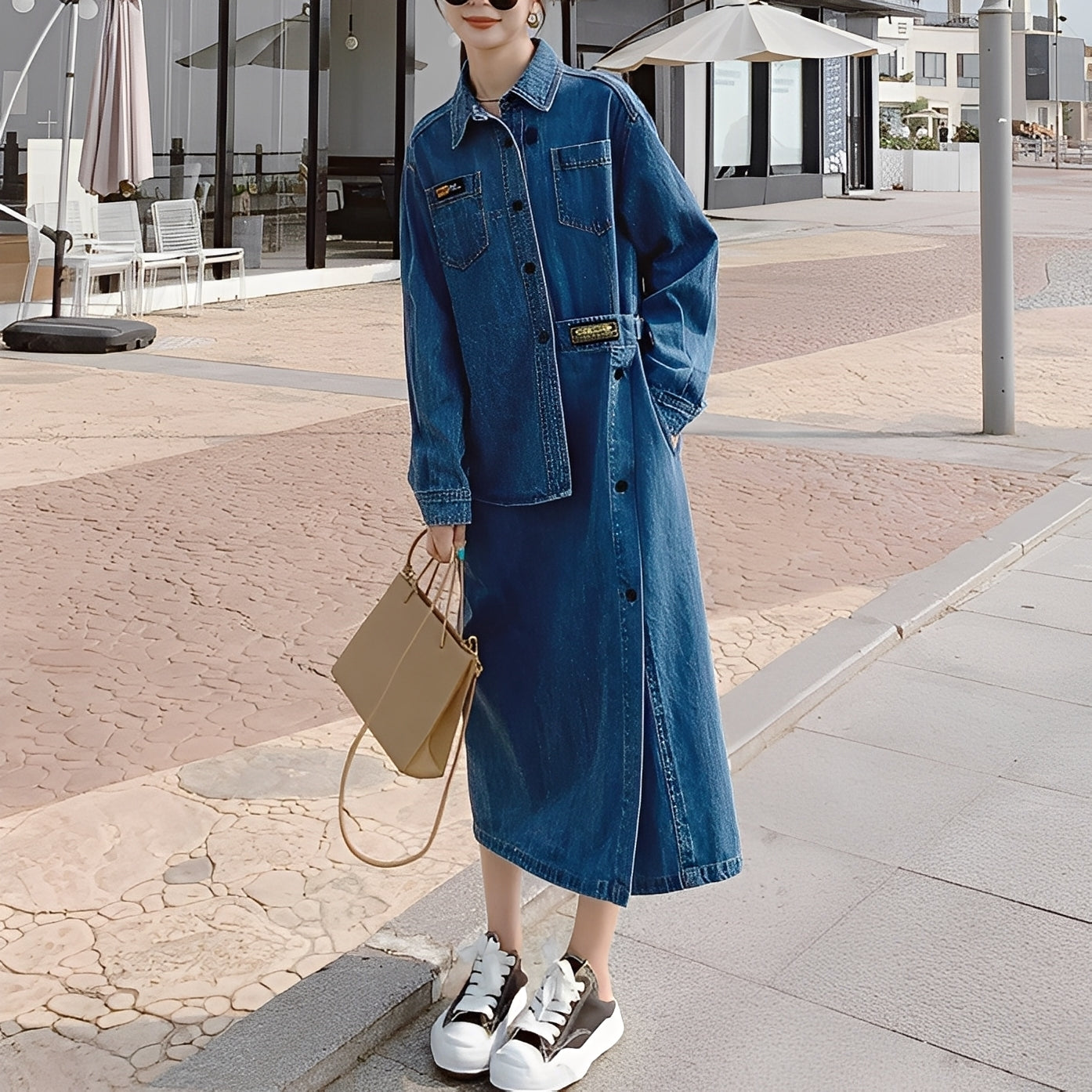Christabel - Longue Robe en Jean Rétro avec Poches pour Femmes