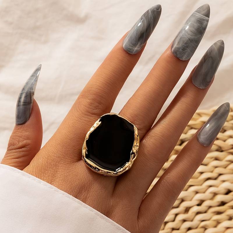 Bague vintage de pierre noire surdimensionnée - Bague noire vintage exagérée