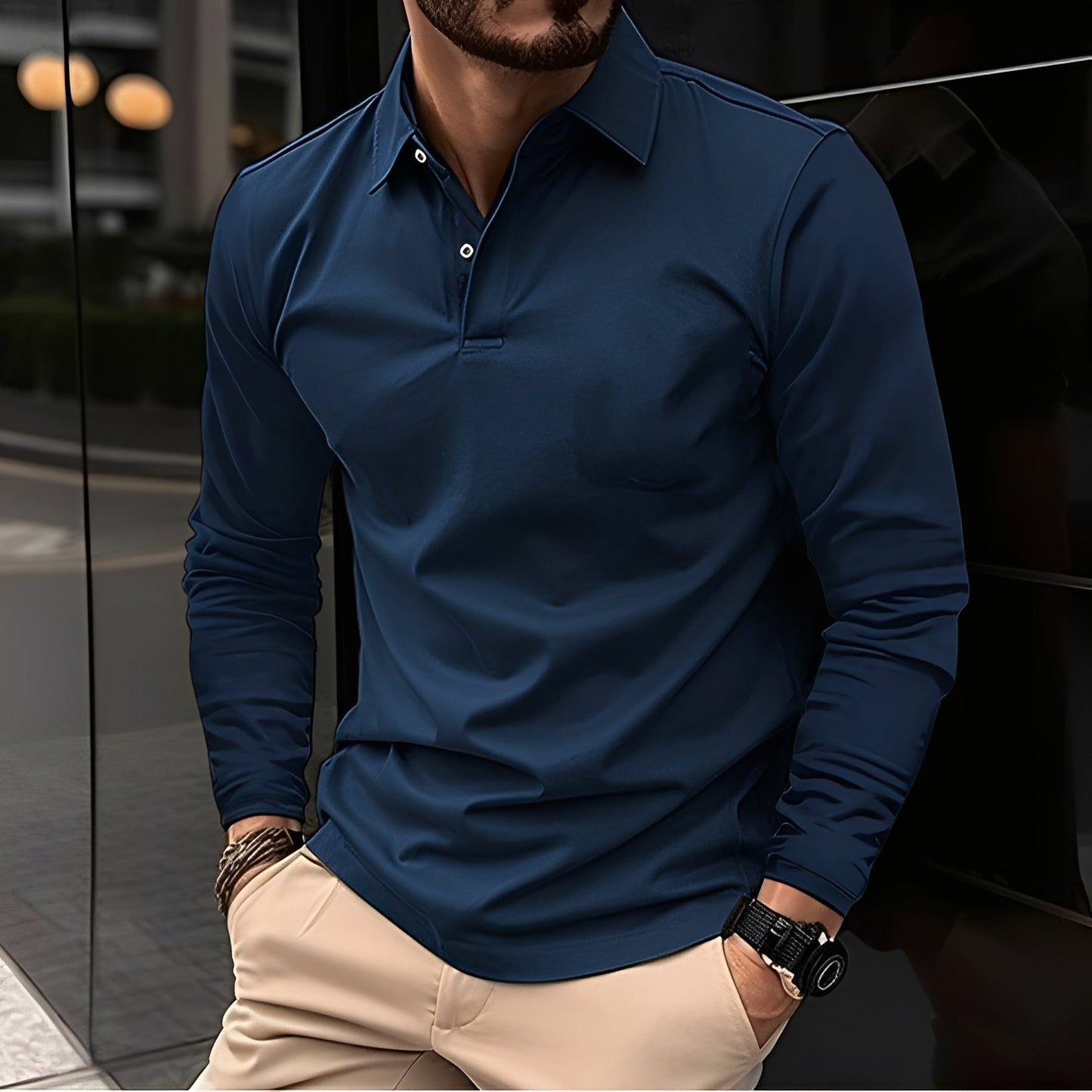 Dudley - Polo long pour hommes avec boutons, style décontracté