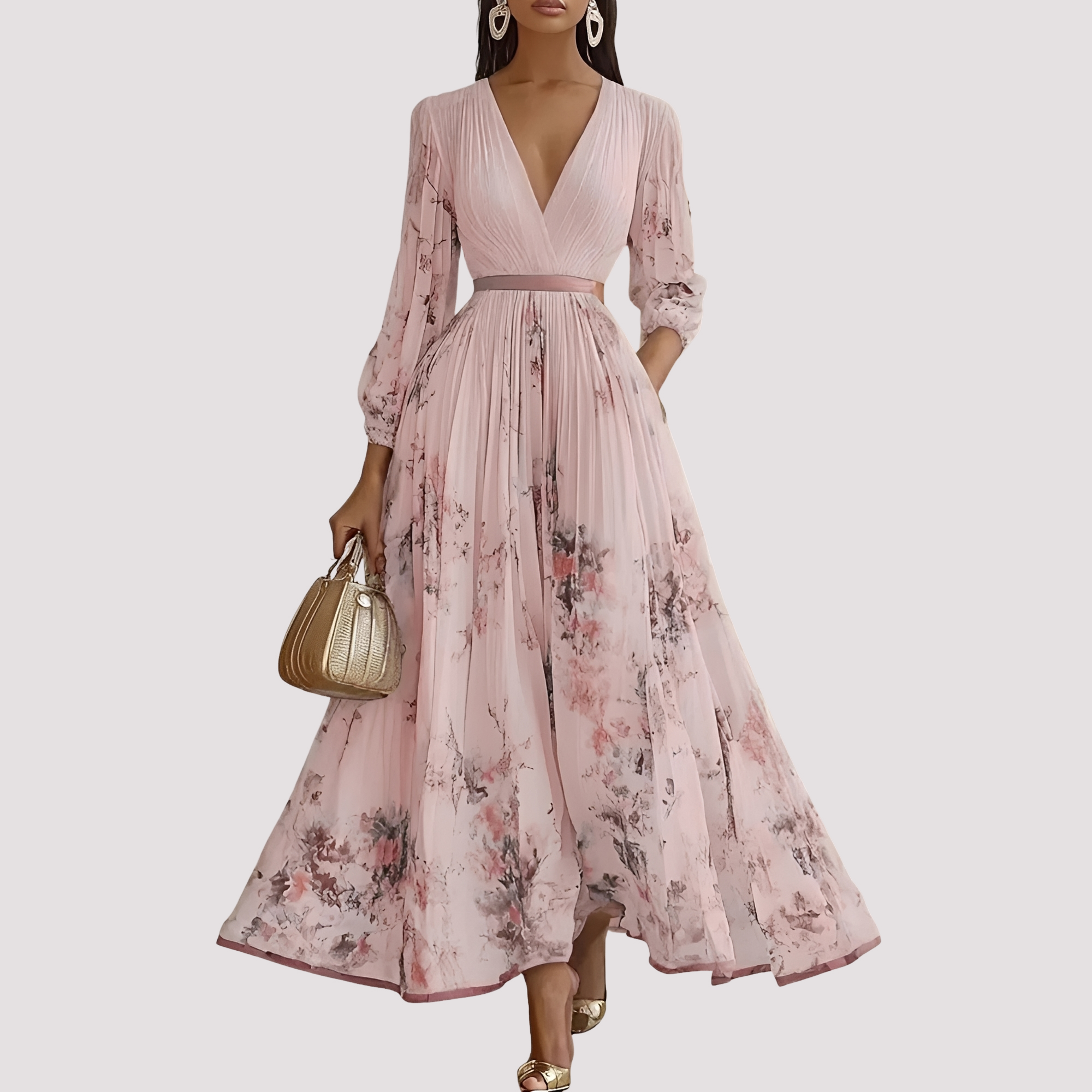 Leah - Robe Florale Midi à Manches Longues