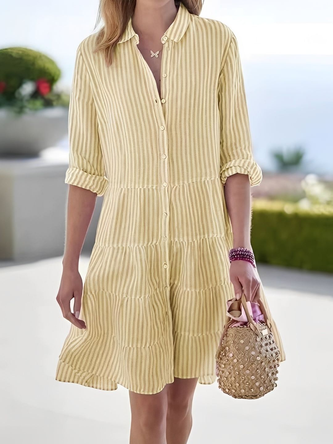 Lindy - Robe rayée décontractée avec col à revers pour femmes