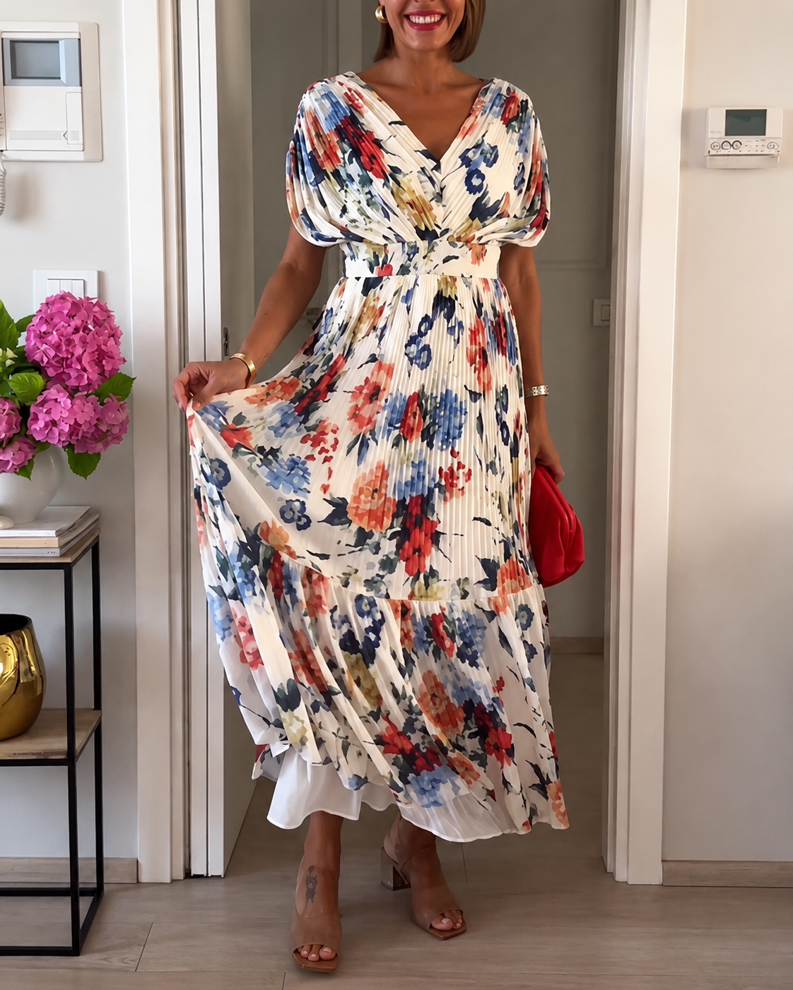 Sharon - Robe Plissée à Fleurs Élégante