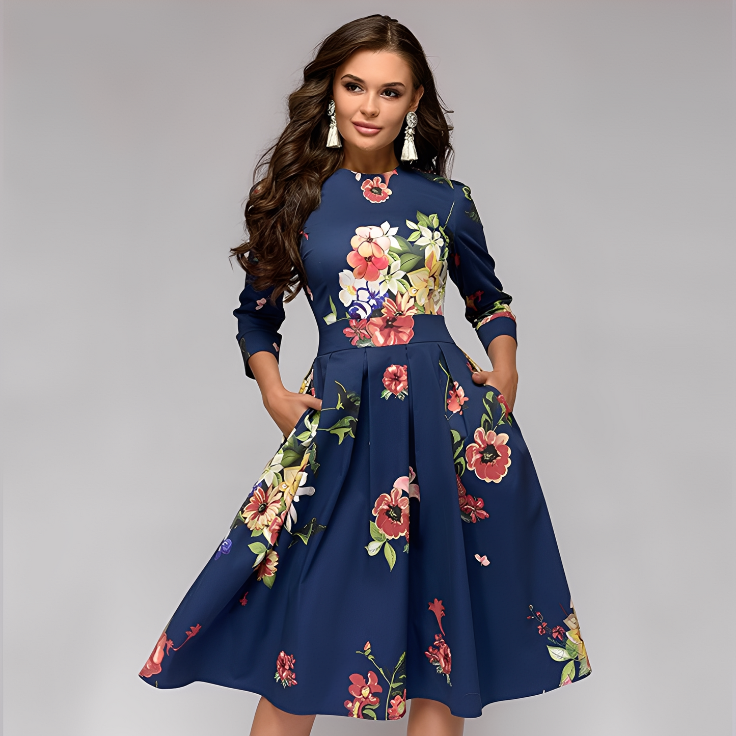 Elisabeth - Robe chic à longues manches avec motif floral pour femmes