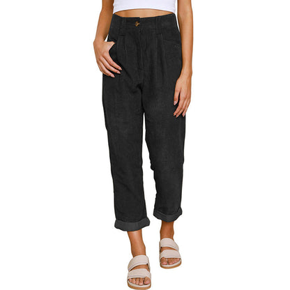 Chelsie - Pantalon large côtelé taille haute pour femmes