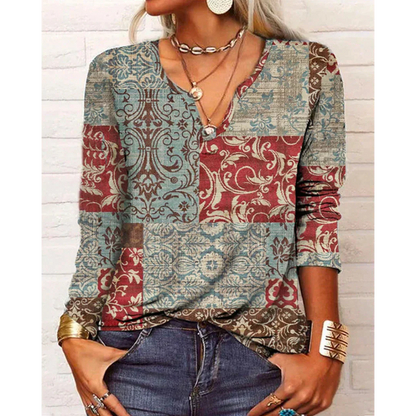 Katharina - Multicolored Bohemian Blouse with Long Sleeves and V-Neck