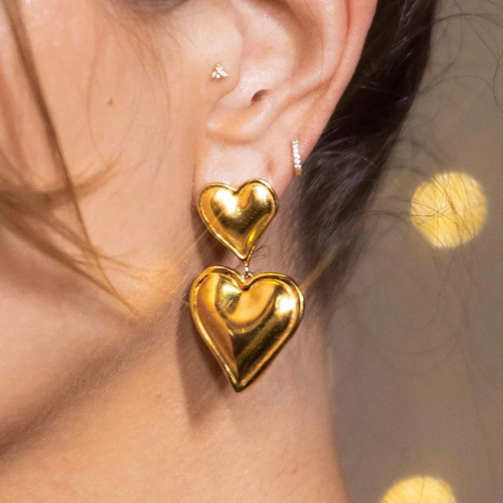 Boucles d'oreilles Double Cœur - Boucle d'oreille de déclaration avec deux cœurs
