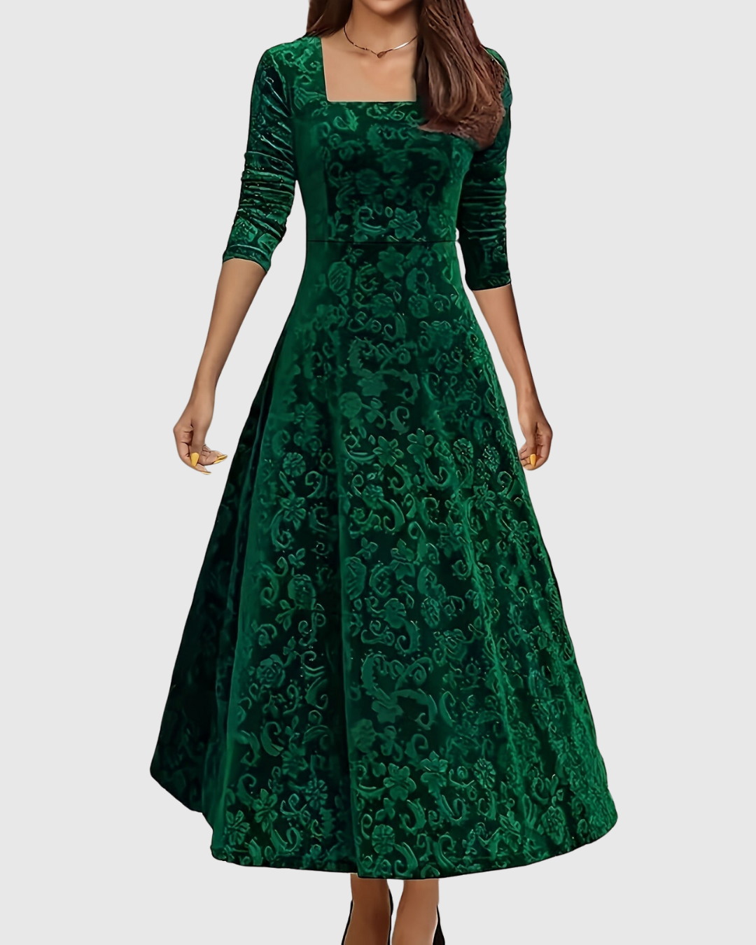 Amandine – Robe Midi Évasée Florale Élégante