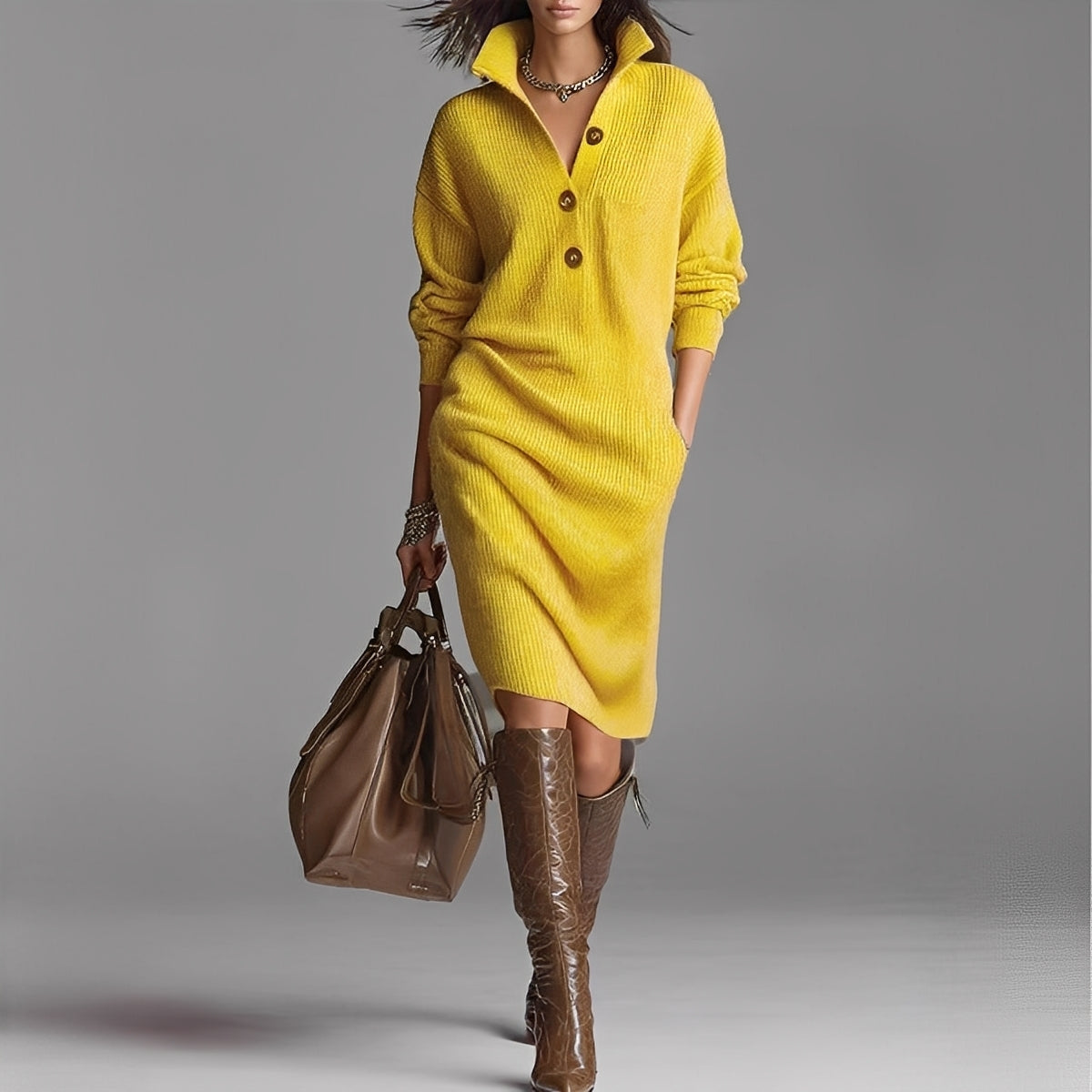 Camryn - Robe à manches longues avec boutons et col pour femmes