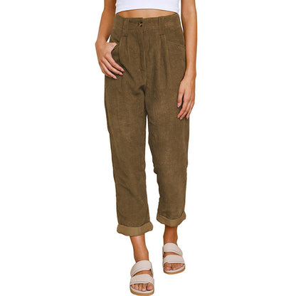 Chelsie - Pantalon large côtelé taille haute pour femmes