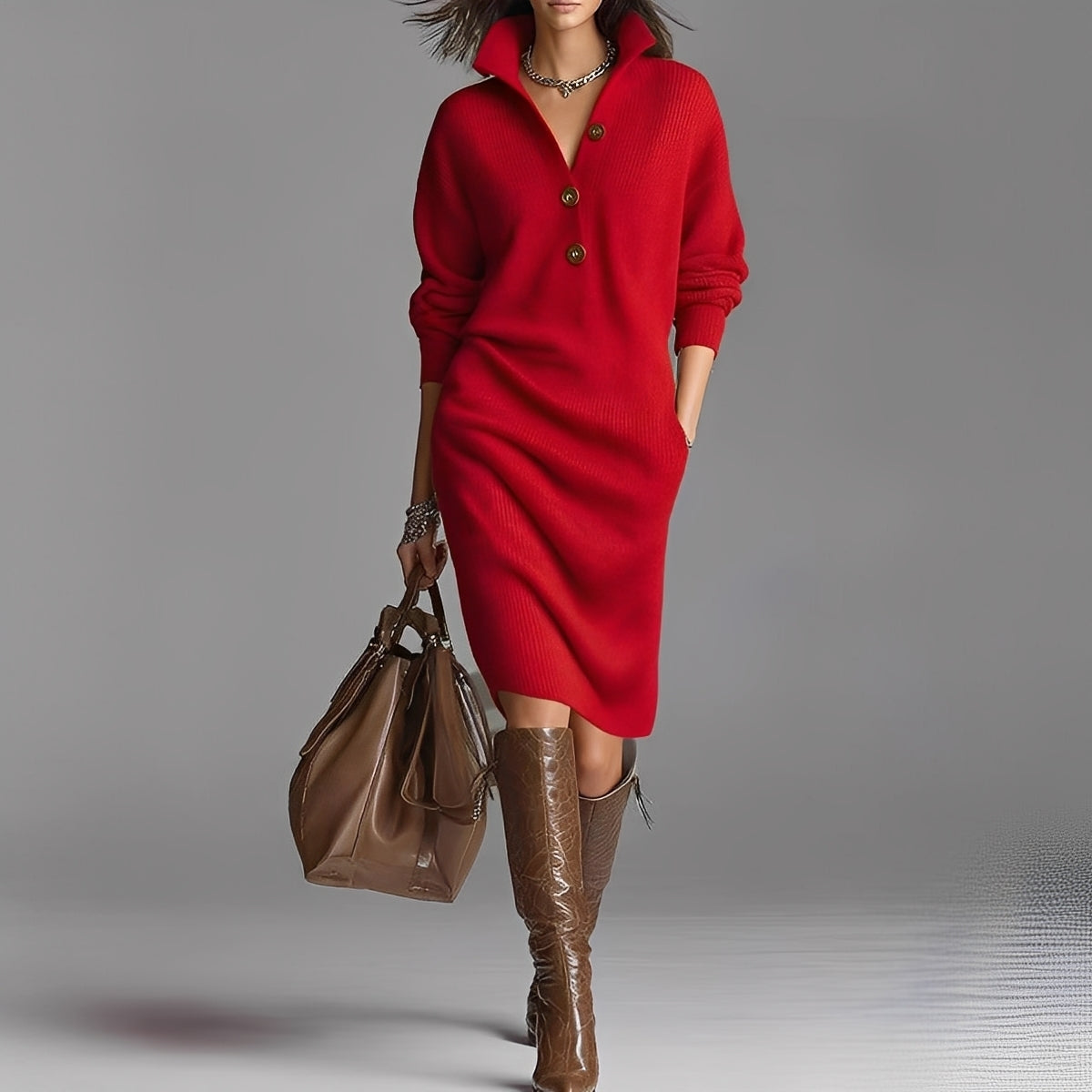 Camryn - Robe à manches longues avec boutons et col pour femmes