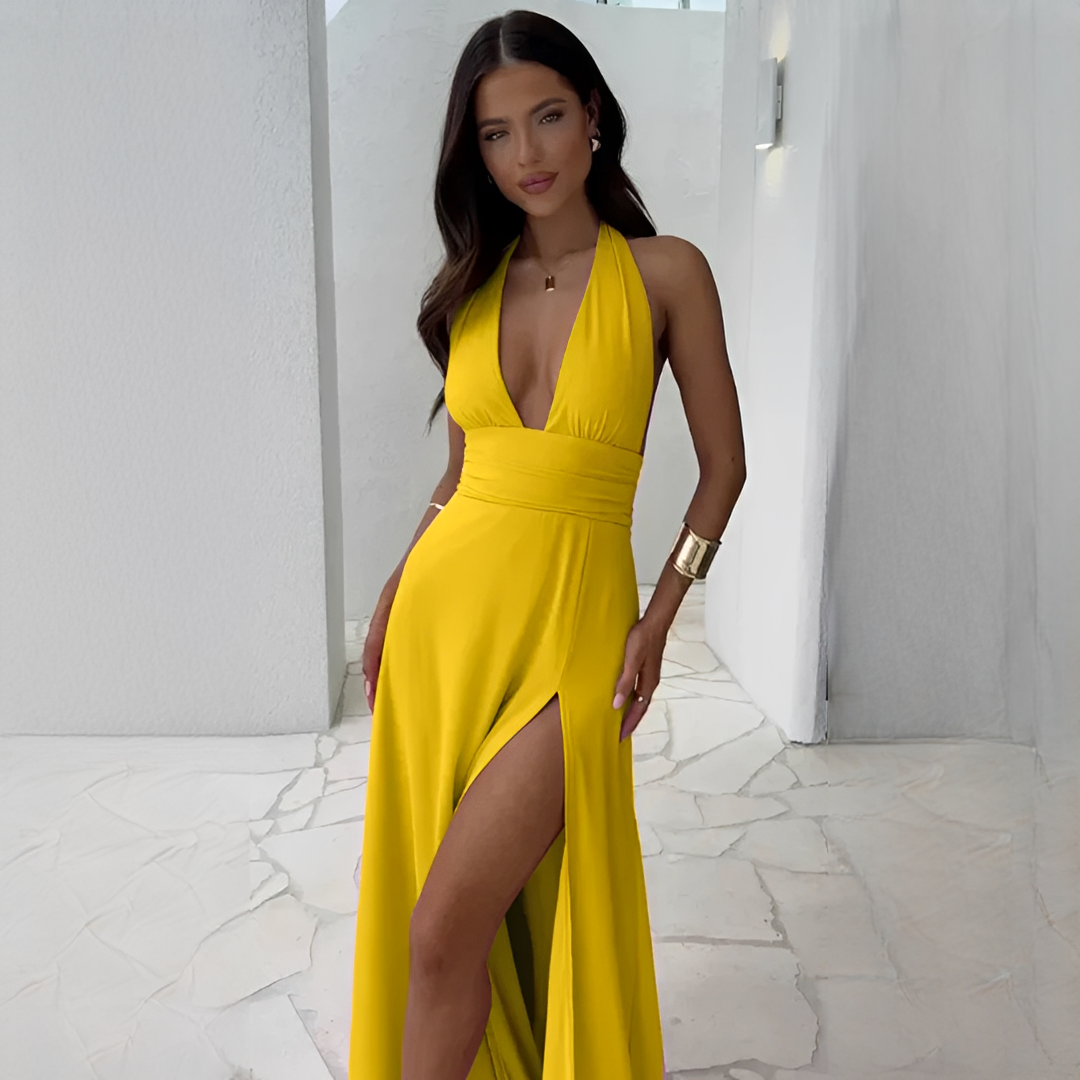 Fiona - Robe à la mode avec col en V et fente pour femme