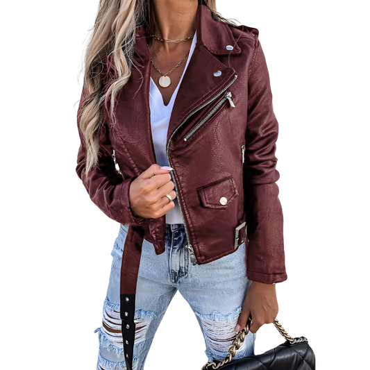 Tiana - Vintage biker-style leather jacket with zipper for women