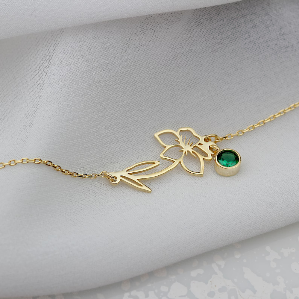 Bracelet de Fête d'Anniversaire - Bracelet avec Pierre de Naissance et Fleur