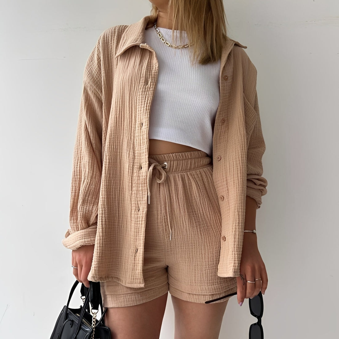 Julia - Ensemble décontracté avec col à revers et taille haute pour femmes